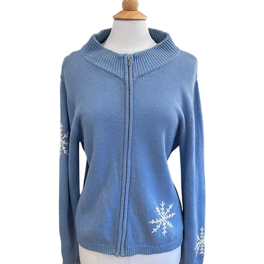 Light Blue Ramie Blend Zip Up Sweater Jacket White Embroidered Snowflakes, L